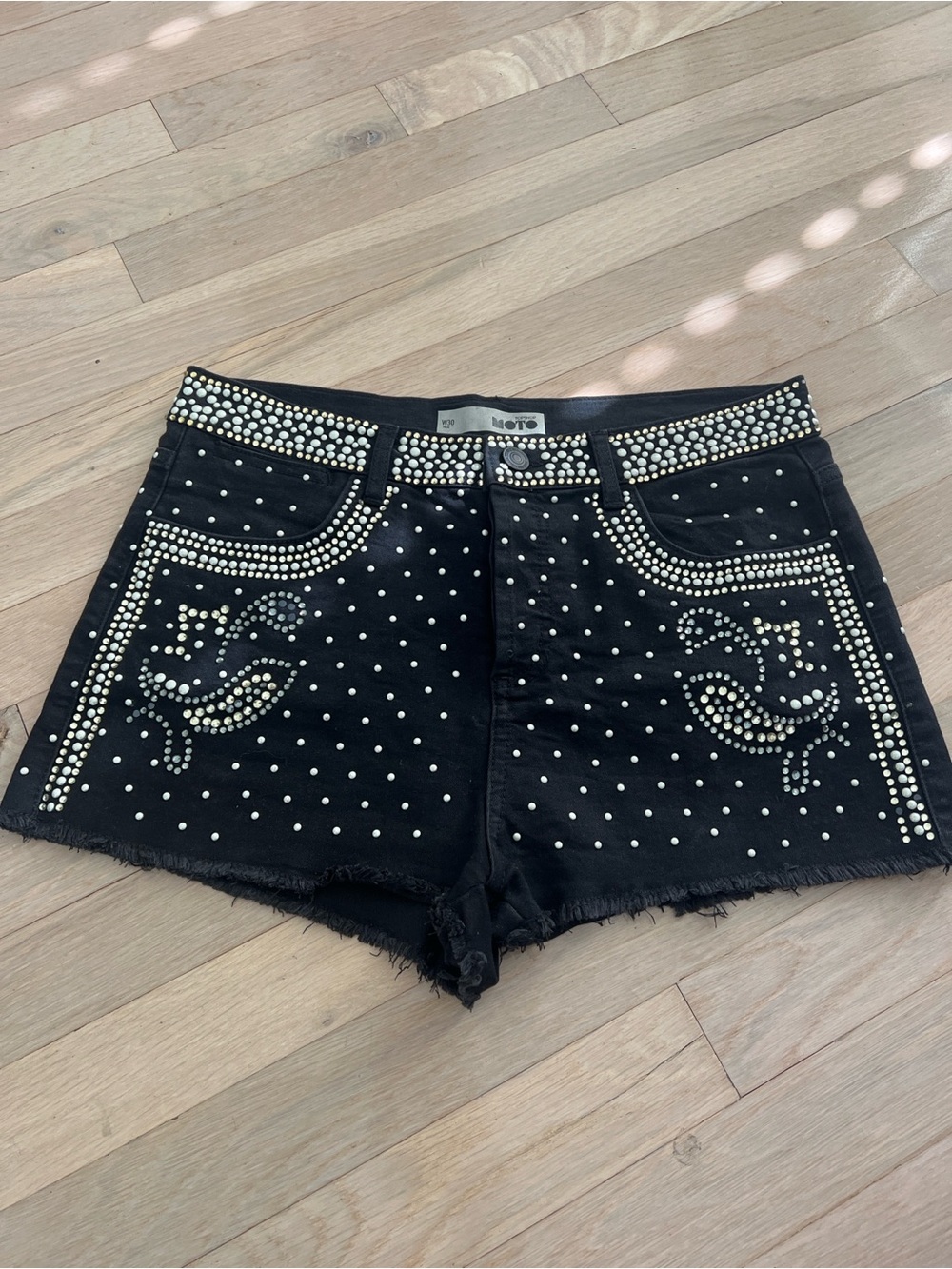 Topshop Black Denim Shorts with Pearl-Style Studs
